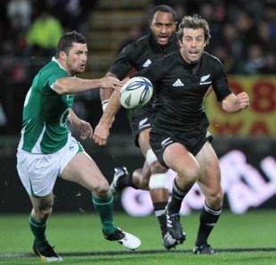 New Zealand's Conrad Smith launches a kick and chase, New Zealand v Ireland, Yarrow Stadium, New Plymouth, New Zealand, June 12, 2010