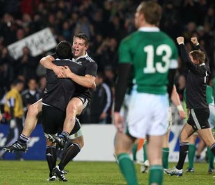 New Zealand Maori hooker Dane Coles celebrates victory over Ireland