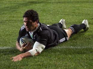 New Zealand Maori flanker Karl Lowe slides in to score the winning try, New Zealand Maori v Ireland, Rotorua International Stadium, Rotorua, New Zealand, June 18, 2010