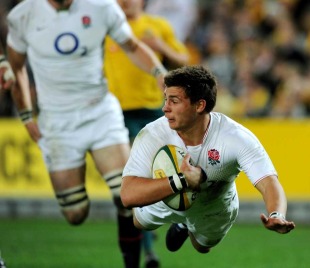 Scrum-half Ben Youngs dives in to score England's first try, Australia v England, ANZ Stadium, Sydney, Australia, June 19, 2010