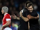 New Zealand's Conrad Smith and Richard Kahui celebrate victory over Wales