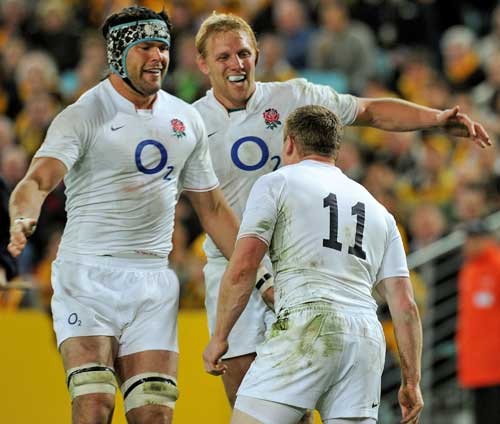 England's Chris Ashton is congratulated on scoring a try