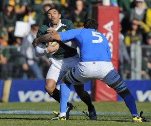 South Africa's Bryan Habana is tackled by Italy's Quintin Geldenhuys, South Africa v Italy, Puma Stadium, Witbank, South Africa, June 19, 2010