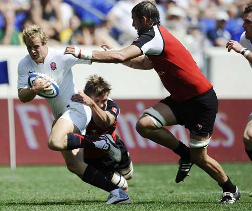 England Saxons wing Nick Abendanon works the Canada defence