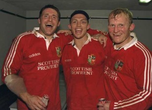 Lions Alan Tait, Matt Dawson and Neil Jenkins celebrate victory over the Springboks, South Africa v British & Irish Lions, Newlands, Cape Town, South Africa, June 21, 1997