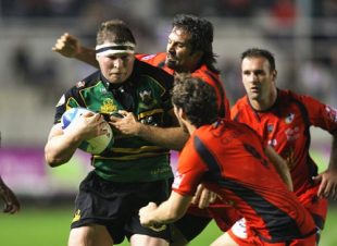 Dylan Hartley, the Northampton hooker charges upfield during the European Challenge Cup match between Toulon and Northampton Saints at Stade Aime Giral in Toulon, France on October 9, 2008.
