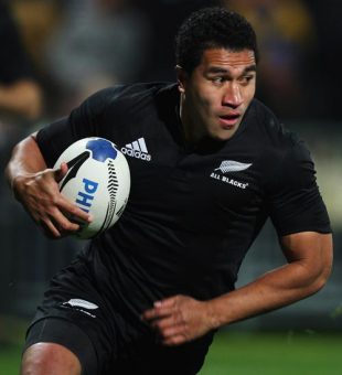 Mils Muliaina of the All Blacks runs in to score a try during the rugby test match between New Zealand and Samoa at Yarrows Stadium in New Plymouth New Zealand on September 3, 2008. 