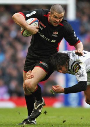 Andy Farrell of Saracens is tackled by Gavin Henson of Ospreys during the EDF Energy Cup Semi Final between Ospreys and Saracens at the Millennium Stadium in Cardiff, Wales on March 22, 2008.