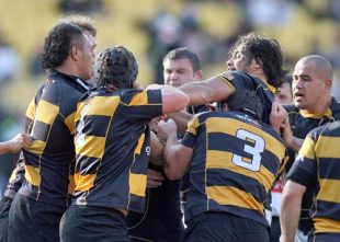 A fight breaks out during the Air New Zealand Cup quarterifinal match between the Wellington Lions and Taranaki at Westpac Stadium in Wellington, New Zealand on October 11, 2008. 