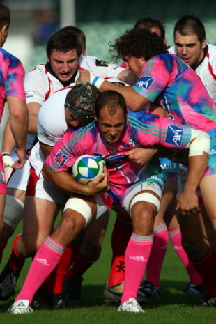 Sergio Parisse of Stade Francais shields the ball during the Heineken Cup game between Stade Francais and Ulster at Ravenhill on October 11, 2008 in Belfast, Northern Ireland.