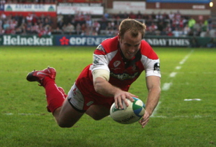 James Simpson-Daniel of Gloucester scores a try during the Heineken Cup game between Gloucester and Biarritz Olympique at Kingsholm on October 11, 2008 in Gloucester, England.