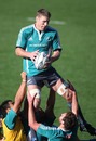 New Zealand's Brad Thorn claims a lineout in training
