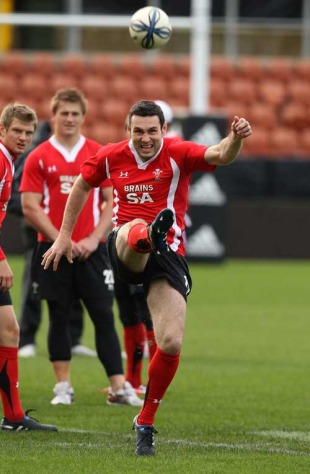 Wales fly-half Stephen Jones kicks long during the Captain's Run, Waikato Stadium, Hamilton, New Zealand, June 25, 2010