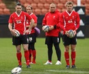 Wales fly-half Dan Biggar lines up a kick under the watchful eye of Stephen Jones