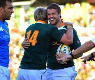 South Africa's Flip van der merwe is congratulated on a try, South Africa v Italy, Buffalo City Stadium, East London, South Africa, June 26, 2010