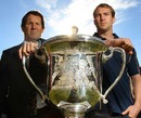 Wallabies captain Rocky Elsom and coach Robbie Deans pose with the Bledisloe Cup
