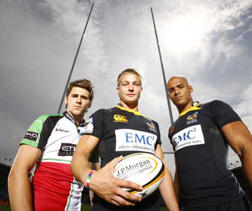 Harlequins' Ollie Lindsay-Hague  and Wasps' Will Matthews and Tom Varndell