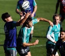 All Blacks centre Conrad Smith challenges Israel Dagg for a high ball