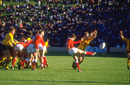 Wales scrum half Robert Jones clears the ball during the 1987 Rugby World Cup third place play-off against Australia in Rotorua