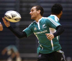 All Blacks fly-half Aaron Cruden juggles the ball during training at Trusts Stadium, Auckland, New Zealand, July 5, 2010