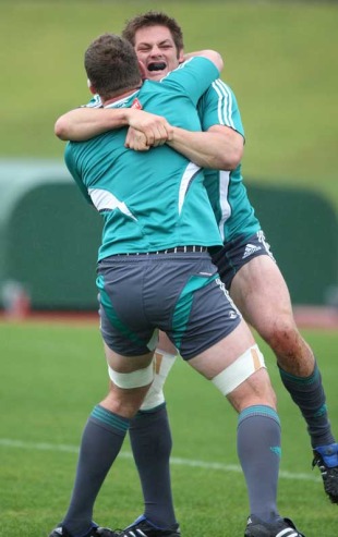 New Zealand's Richie McCaw gets to grips with team-mate Kieran Read, All Blacks training session, Trusts Stadium, Auckland, New Zealand, July 5, 2010