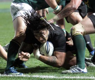 Ma'a Nonu breaks the defence and dives over the line. New Zealand v South Africa, Tri-Nations, Eden Park, Auckland, New Zealand, July 10, 2010
