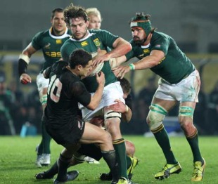 South Africa's Danie Rossouw carries the ball into contact, New Zealand v South Africa, Tri-Nations, Eden Park, Auckland, New Zealand, July 10, 2010