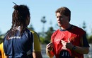 Referee Stuart Dickinson talks to Australia's Saia Faingaa