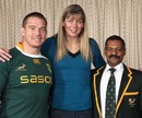 John Smit and Peter de Villiers pose with the Silver Ferns' Irene van Dyk 