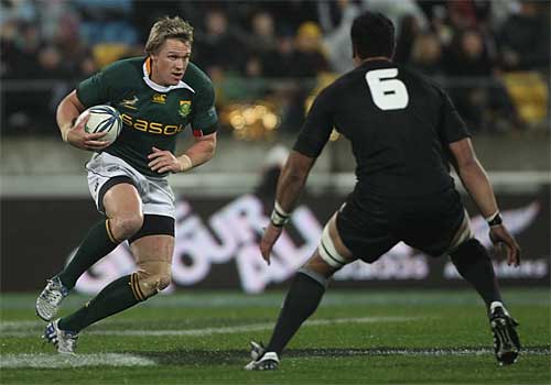 Jerome Kaino lines up a tackle on Jean De Villiers, New Zealand v South Africa, Tri-Nations, Westpac Stadium, Wellington, New Zealand, July 17, 2010
