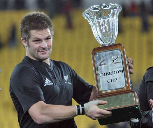 New Zealand captain Richie McCaw poses with the Freedom Cup, New Zealand v South Africa, Tri-Nations, Westpac Stadium, Wellington, New Zealand, July 17, 2010