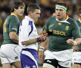 South Africa's John Smit protests to referee George Clancy following a yellow card for Jacque Fourie, Australia v South Africa, Tri-Nations, Suncorp Stadium, Brisbane, Australia, July 24, 2010