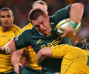 South Africa's John Smit is shackled by the Australia defence, Australia v South Africa, Tri-Nations, Suncorp Stadium, Brisbane, Australia, July 24, 2010