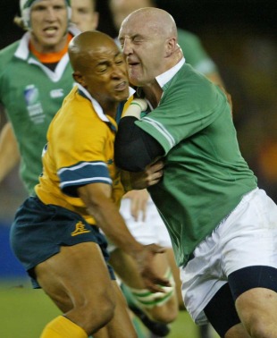 Australia's George Gregan and Ireland's Keith Wood collide, Australia v Ireland, Rugby World Cup 2003, Telstra Dome, Melbourne, Australia, November 1, 2003