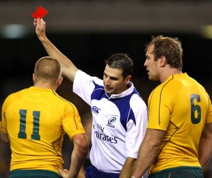 Referee Craig Joubert shows Australia's Drew Mitchell a red card, Australia v New Zealand, Tri-Nations, Etihad Stadium, Melbourne, Australia, July 31, 2010 
