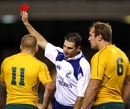 Referee Craig Joubert shows Australia's Drew Mitchell a red card