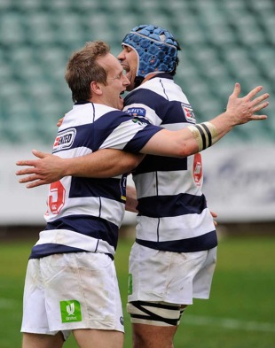 Auckland's Brent Ward is congratulated after scoring, North Harbour v Auckland, North Harbour Stadium, Albany, New Zealand, August 1, 2010