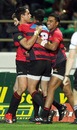 Canterbury's Sean Maitland is congratulated after scoring