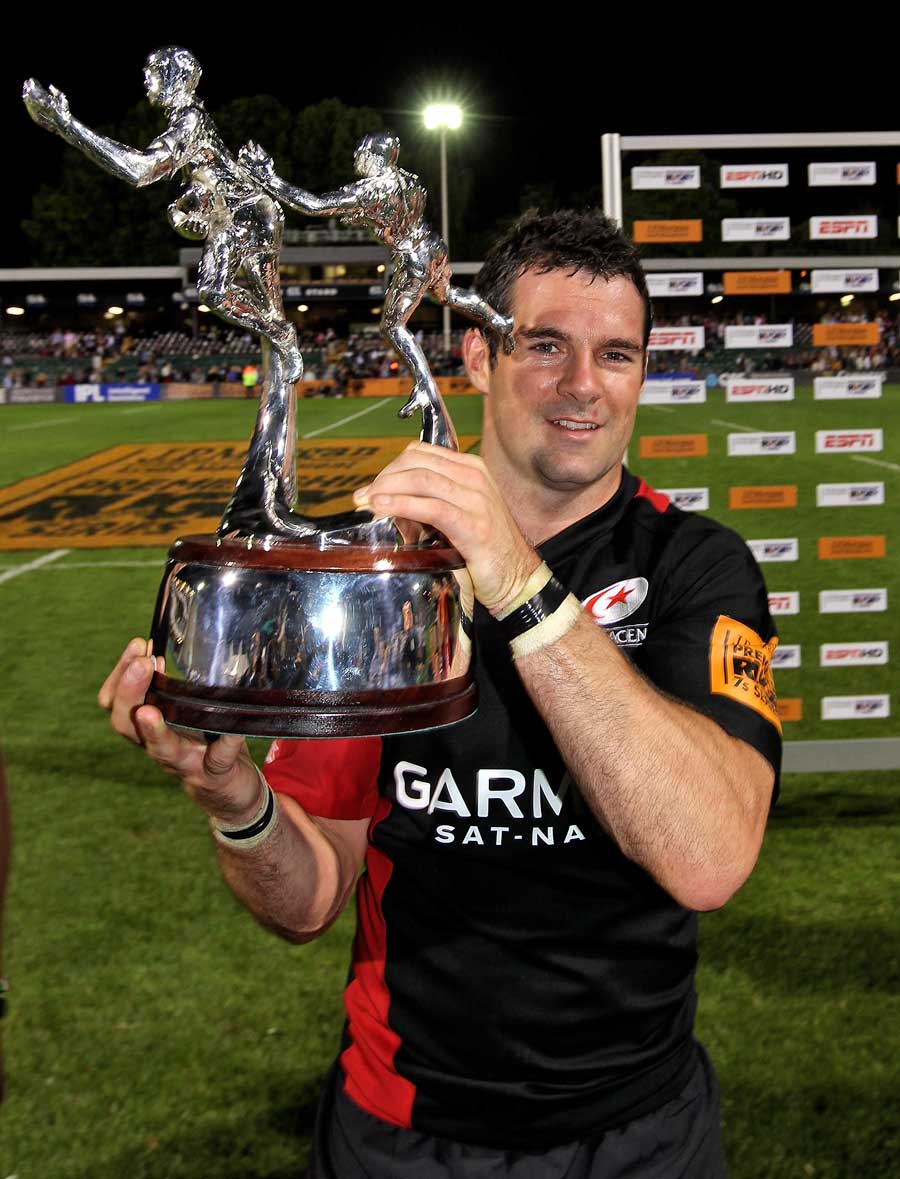 Saracens captain Kevin Barrett poses with the Premiership Rugby 7s silverware