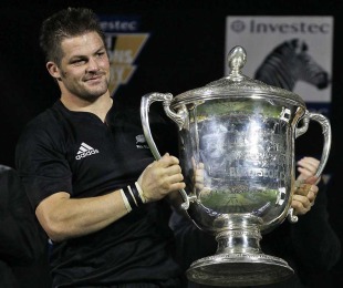 New Zealand captain Richie McCaw poses with the Bledisloe Cup, New Zealand v Australia, Tri-Nations, AMI Stadium, Christchurch, New Zealand, August 7, 2010