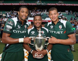 The Armitage brothers (L-R) Delon, Steffon and Guy with the Middlesex Sevens title, London Irish v ULR Samurai, Middlesex Sevens, Twickenham, London, England, August 15, 2009 