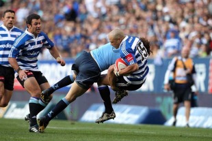 Western Province fullback Conrad Jantjes is smashed, Western Province v Blue Bulls, Currie Cup, Newlands, Cape Town, South Africa, August 14, 2010