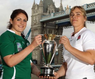Ireland's Fiona Coghlan and England's Catherine Spencer  pose with the Women's Rugby World Cup, Women's Rugby World Cup England 2010 Official Launch, City Hall, London, England, August 17, 2010