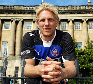 Lewis Moody poses in the colours of Bath, Royal Crescent, Bath, England, August 18, 2010