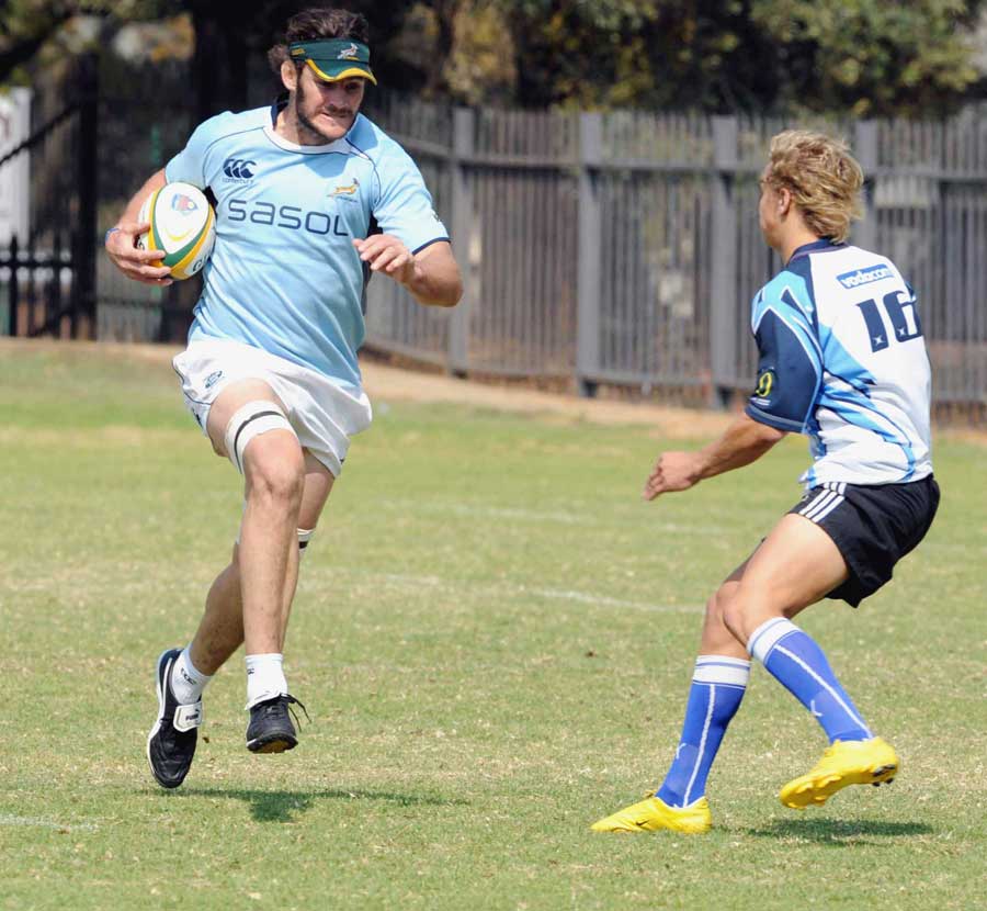 Springbok lock Danie Rossouw on the charge during training