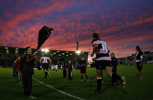 Phil Dowson (8) of Newcastle Falcons leads out his team 