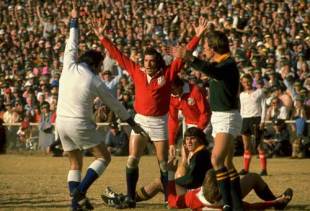 Gareth Edwards appeals to the referee as a South African player is penalised, July 1974