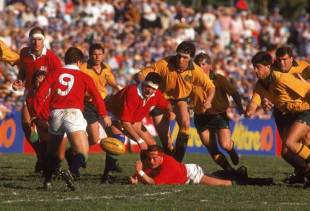 Brian Moore pops the ball to Robert Jones, Australia v British and Irish Lions, Second Test, Ballymore, July 8 1989.