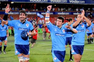 The Blue Bulls' Victor Matfield, Morne Steyn and Fourie du Preez celebrate their Currie Cup semi-final victory over the Cheetahs at Loftus Versfeld Stadium in Pretoria, South Africa on October 11, 2008. 