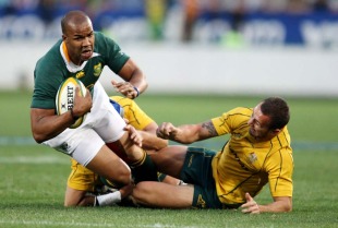South Africa's JP Pietersen is grounded by Nathan Sharpe and Quade Cooper, South Africa v Australia, Tri-Nations, Loftus Versfeld, Pretoria, South Africa, August 28, 2010
